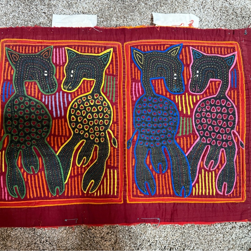 UniqueVintage MOLA Panama Art Handcrafted Animal Motif Textile.Just needs framed